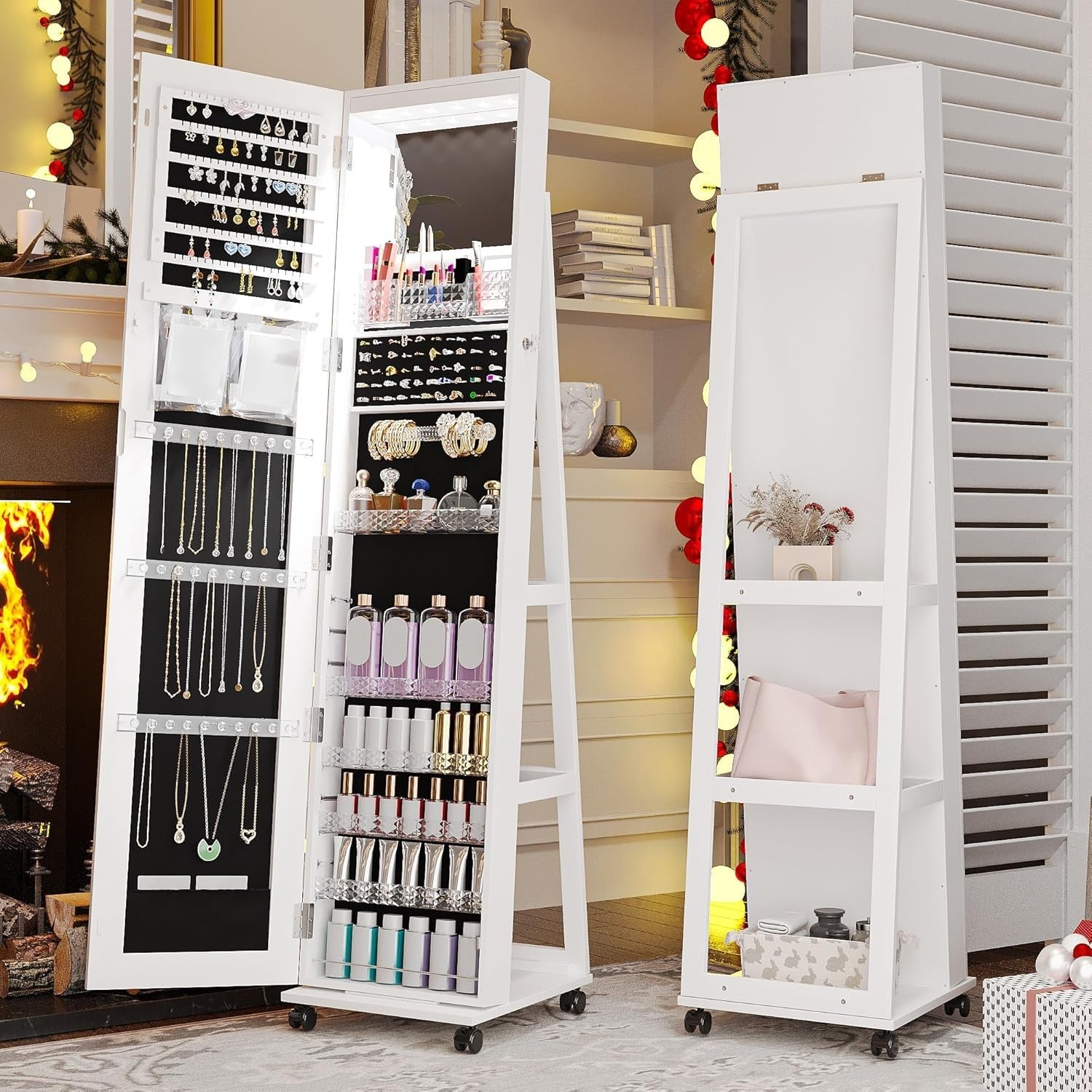 White 360° Swivel LED Jewelry Cabinet Mirror Lockable Rolling Organizer