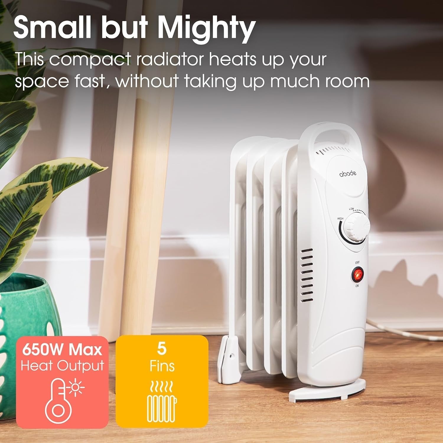 650W Oil Filled Radiator Heater 5 Fin Portable Electric Thermostat