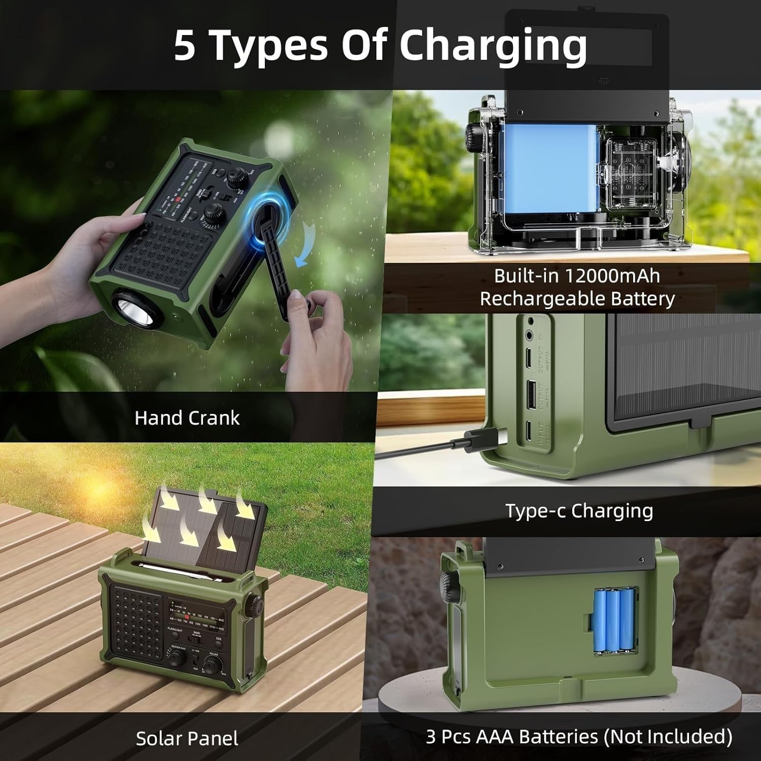 Emergency Solar Hand Crank Radio with 12000mAh Battery & Flashlight