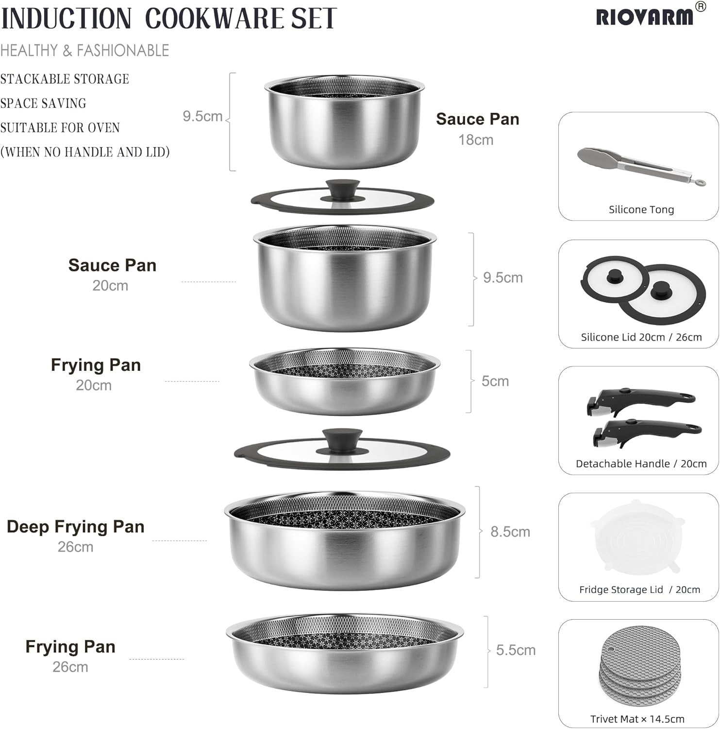 5Pcs Stainless Steel Pots Pans Set with Lids & Detachable Handle Induction Safe
