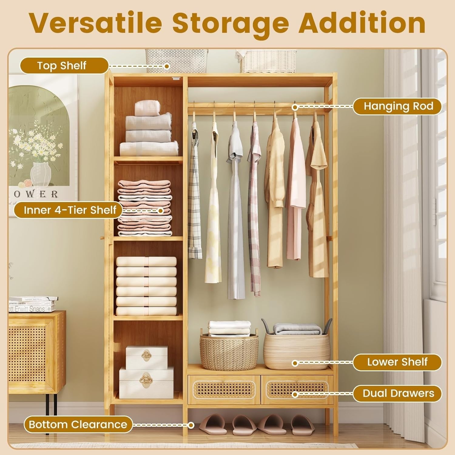 Bamboo Clothes Rack with Drawers & Rattan Shelving Unit