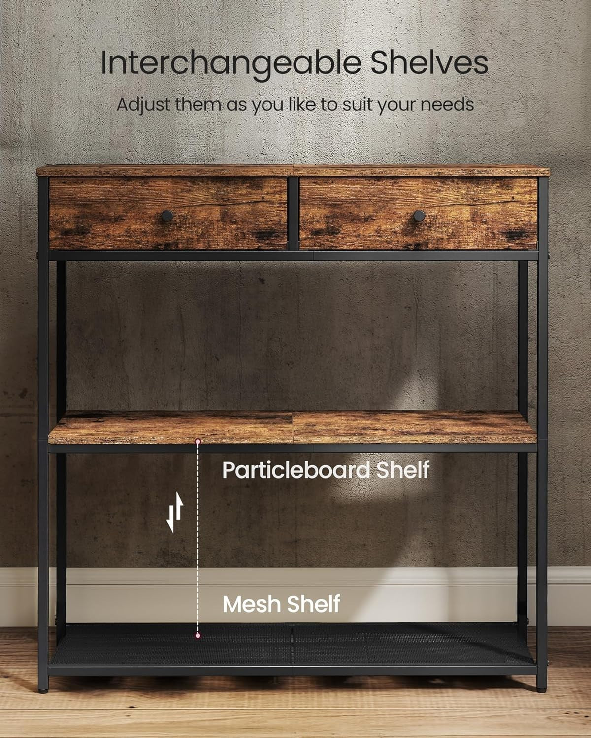 Narrow Console Table with 2 Fabric Drawers & 3-Tier Shelves – Rustic