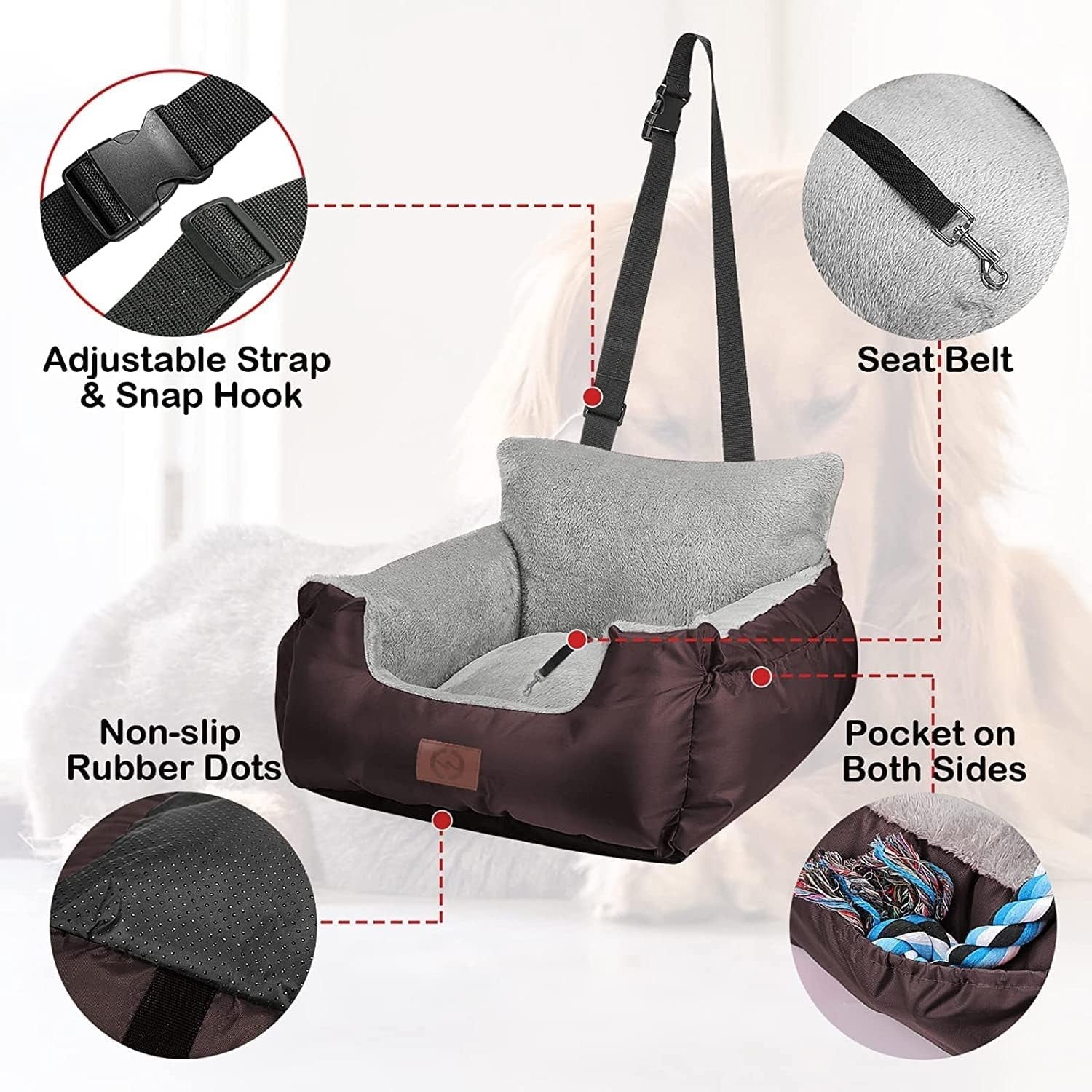 Waterproof Dog Car Booster Seat Plush Travel Bed Safety Leash Brown