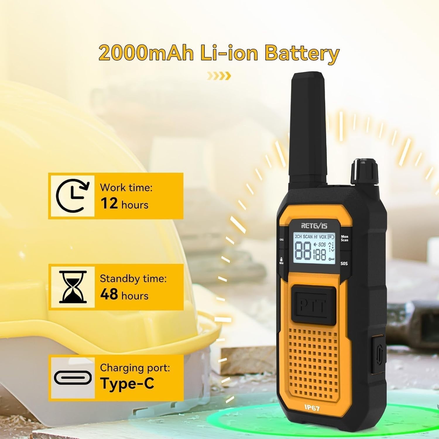 Heavy Duty Walkie Talkies IP67 Waterproof w Earpiece 6 Pack Charger