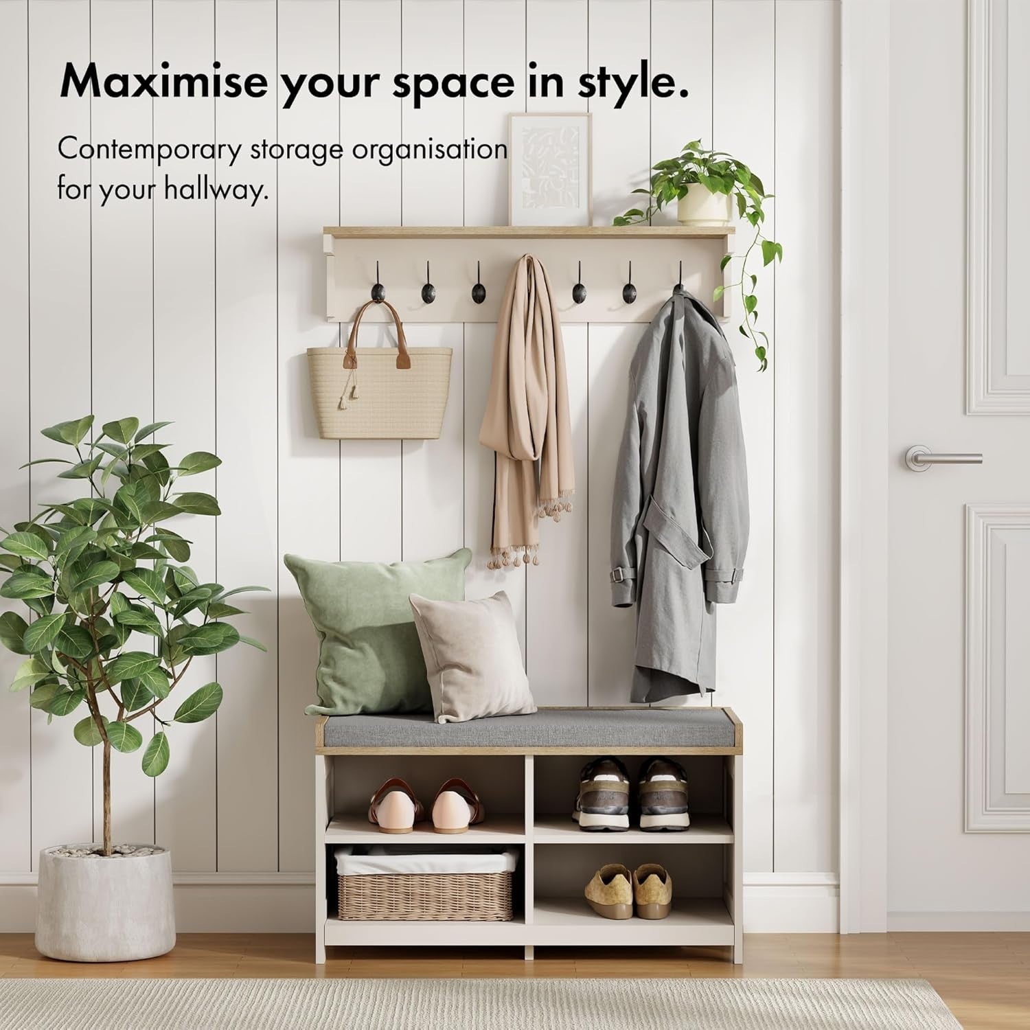Cream Wall Mounted Coat Rack with Shelf | 7 Double Hooks Hallway Organiser