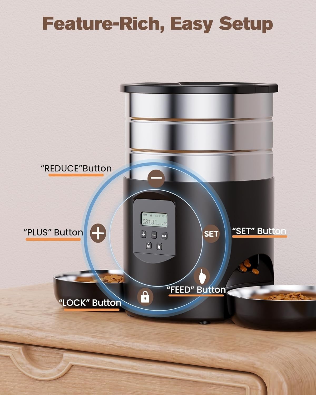 Automatic Cat Feeder for 2 Cats 5L Timed Food Dispenser Dual Bowls