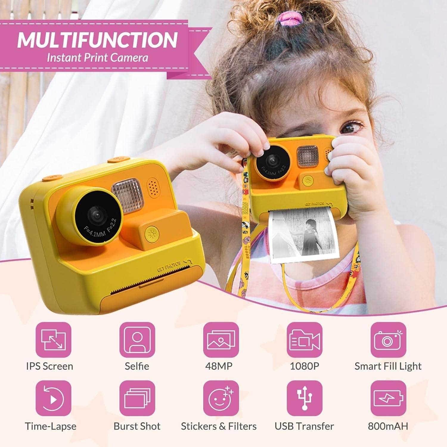 Kids Instant Print Camera 48MP HD Video 32GB Card Paper Pens Kit