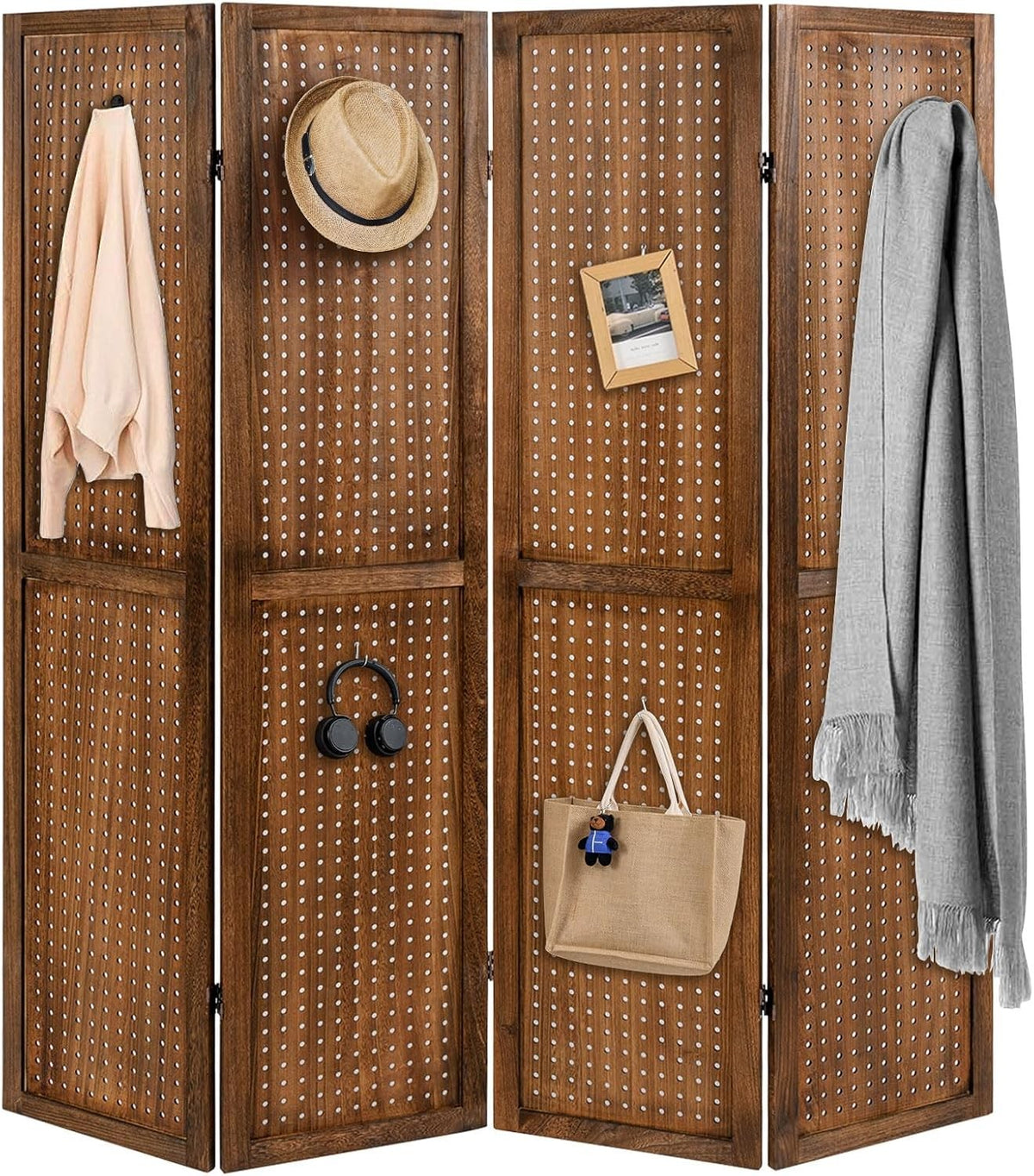 4 Panel Brown Wooden Folding Room Divider Pegboard Privacy Screen for Home