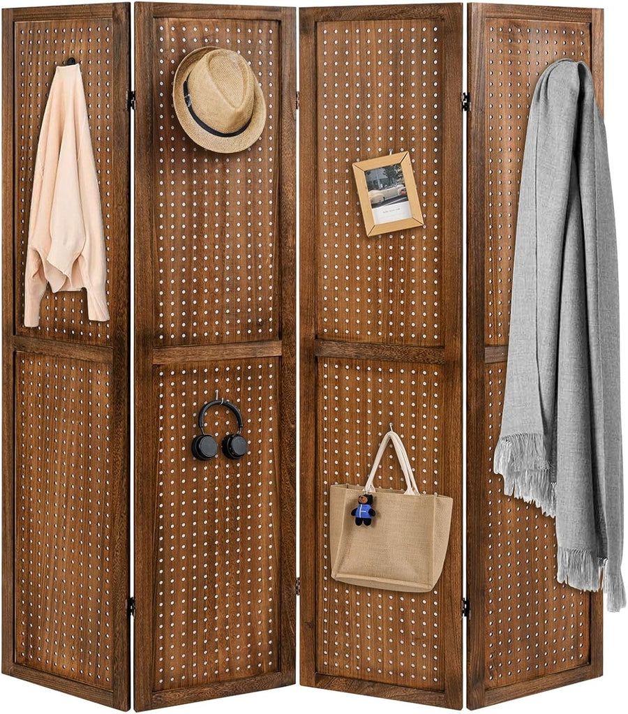 4 Panel Brown Wooden Folding Room Divider Pegboard Privacy Screen for Home
