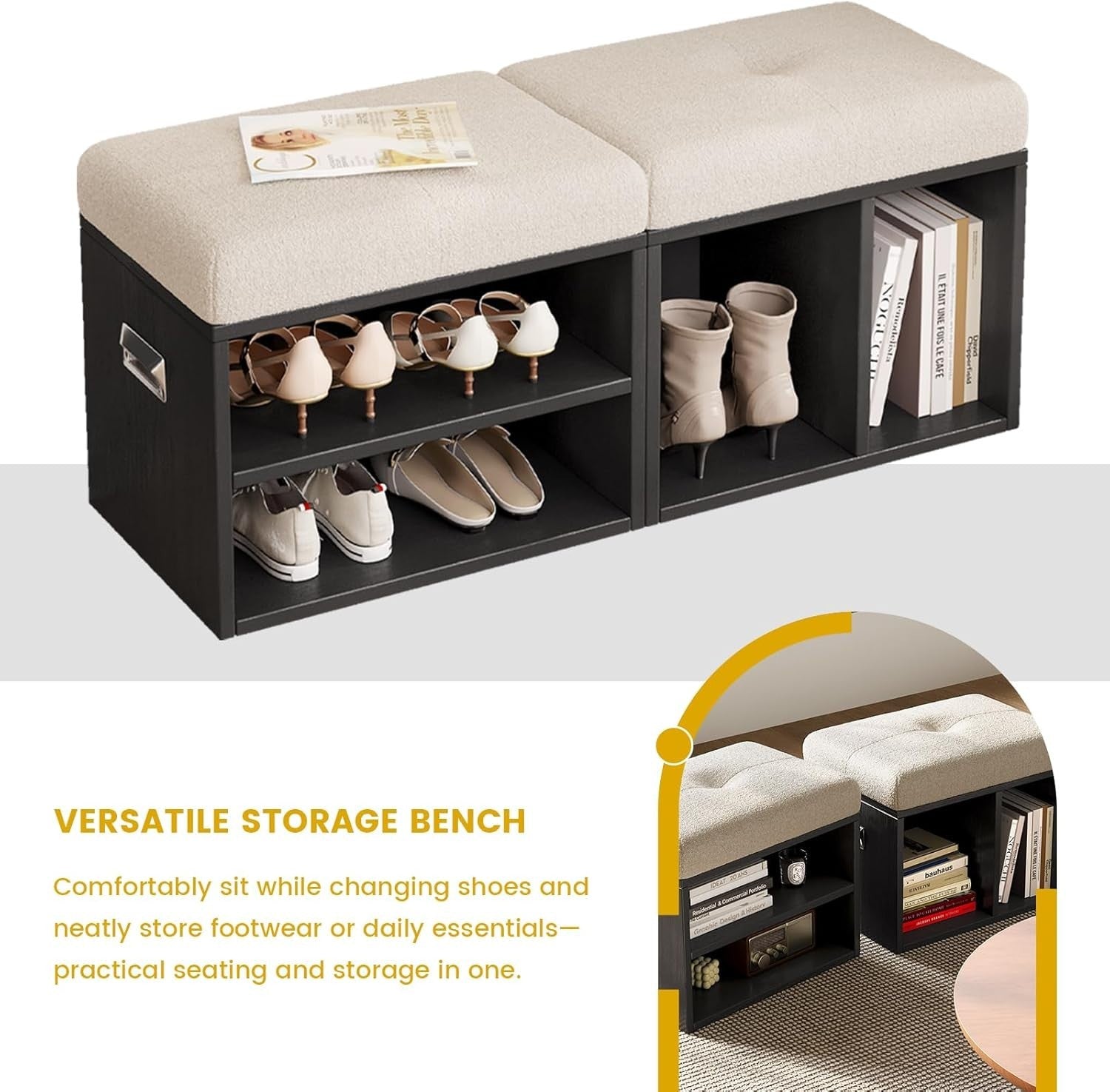 2-Piece Shoe Bench Cushioned Seat 2-Tier Storage Rack with Handles Black 100cm