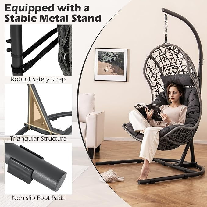Luxury Hanging Egg Chair with Cushion & Stand – Indoor Outdoor Garden Patio