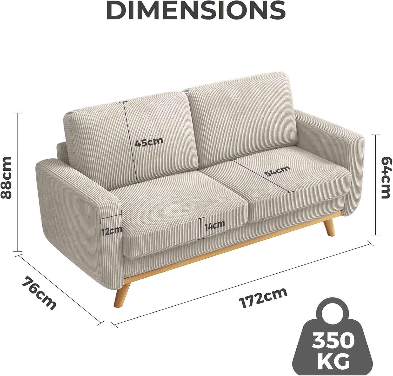 Grey Corduroy 2 Seater Sofa 172cm Deep Seat Solid Wood Frame Spring Cushions
