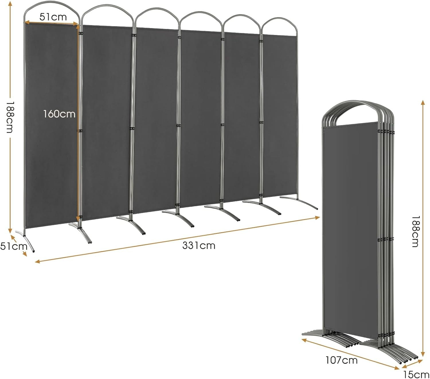 6 Panel Grey Folding Room Divider Freestanding Privacy Screen Partition 331x188c