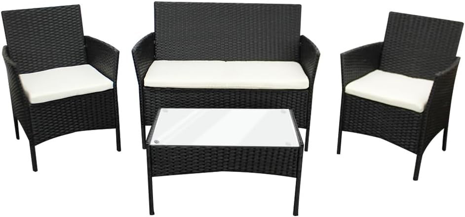 Outdoor Rattan Garden Sofa Set 4-Seater with Cushions & Glass Coffee Table