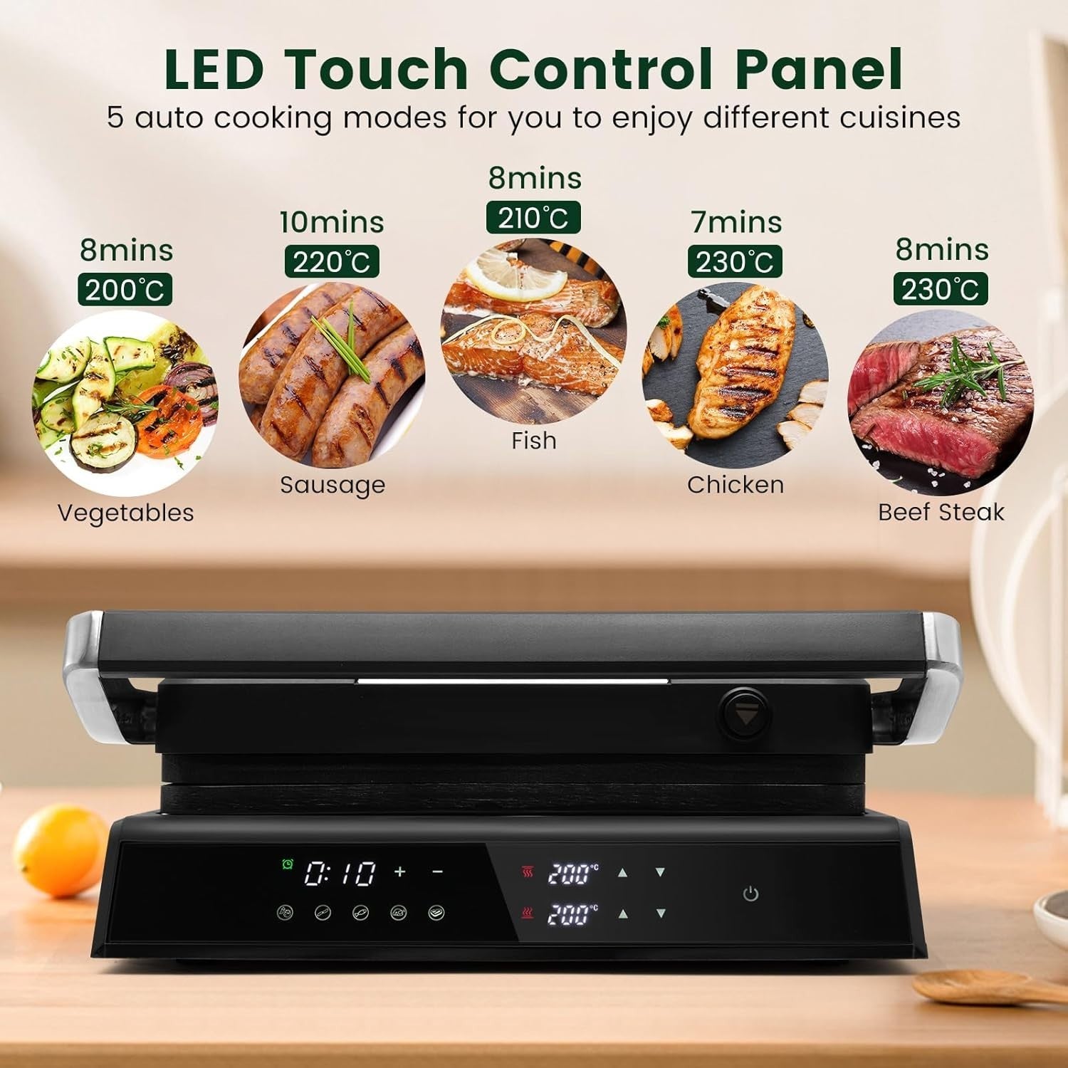 3-in-1 Panini Maker Sandwich Grill 1200W Adjustable Plates Timer 4H glass top