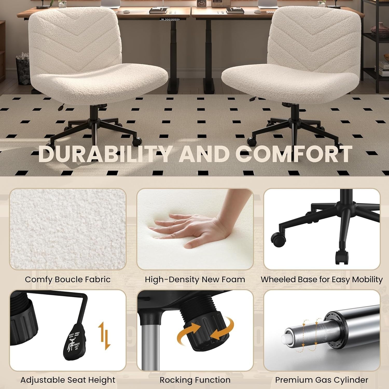 Adjustable Home Office Desk Chair Ivory Armless Swivel Extra-Wide Padded Seat