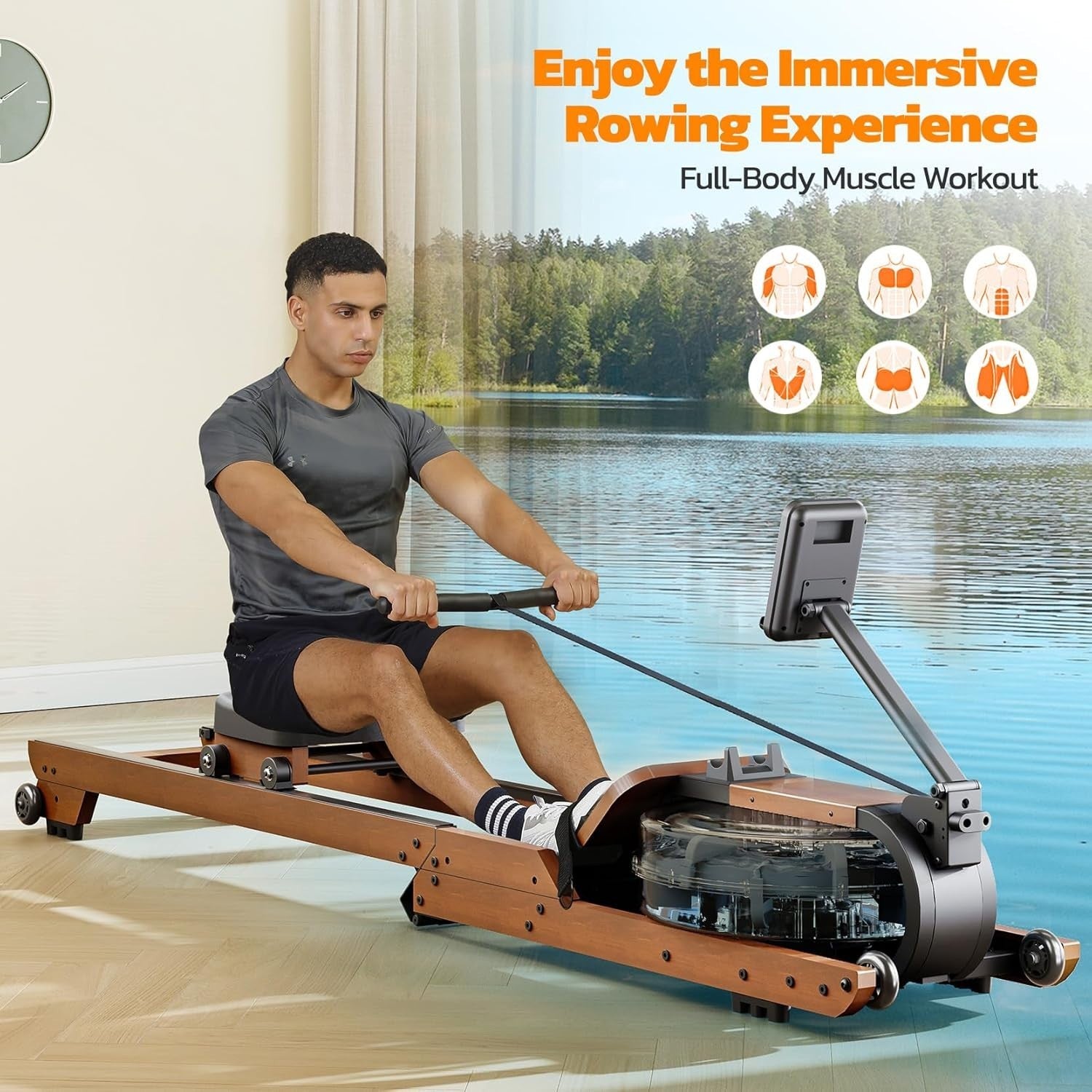 Foldable Oak Wood Water Rowing Machine Bluetooth LCD Home Rower 350LB Capacity
