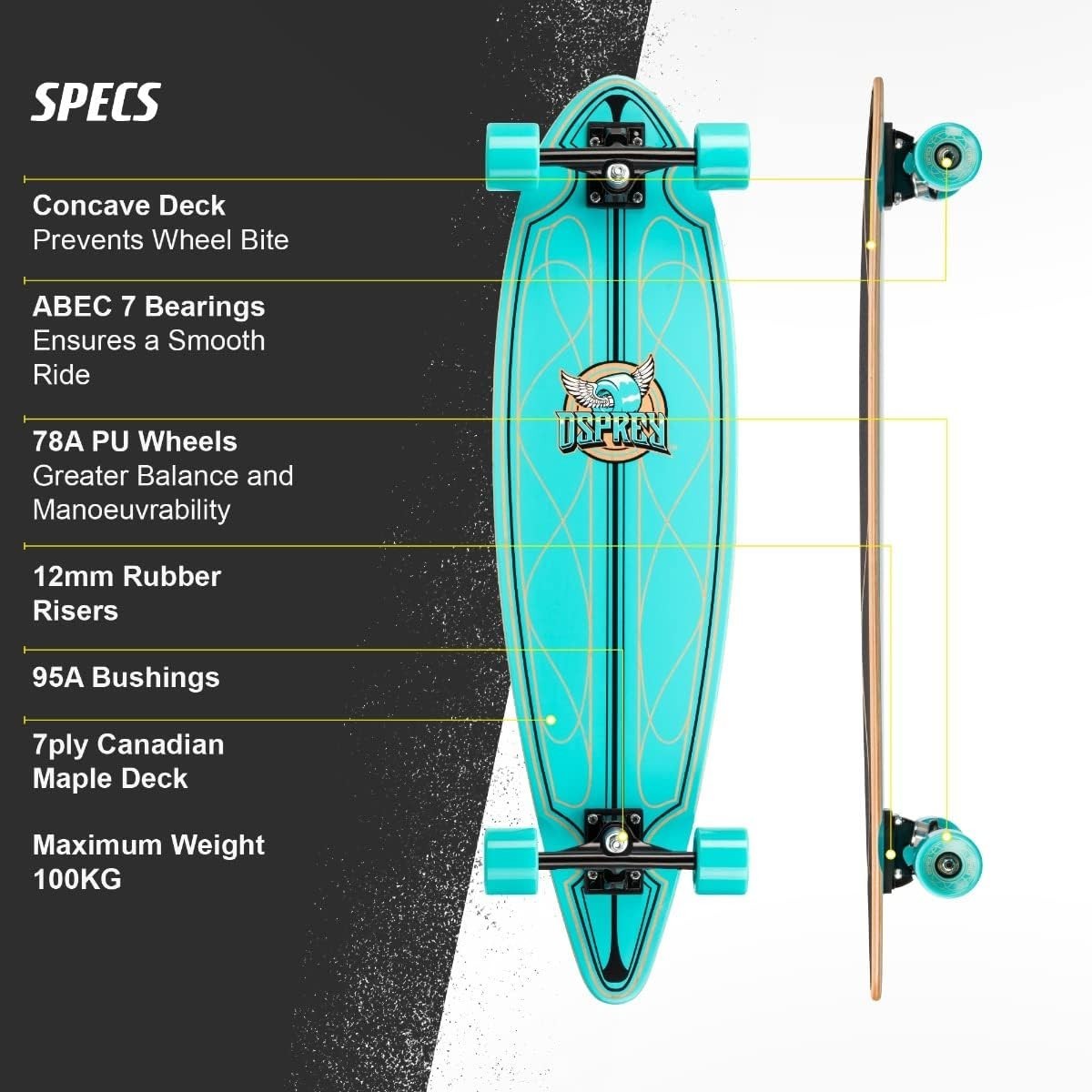 36in Pintail Longboard Cruiser Complete Maple Deck Beginner Skateboard