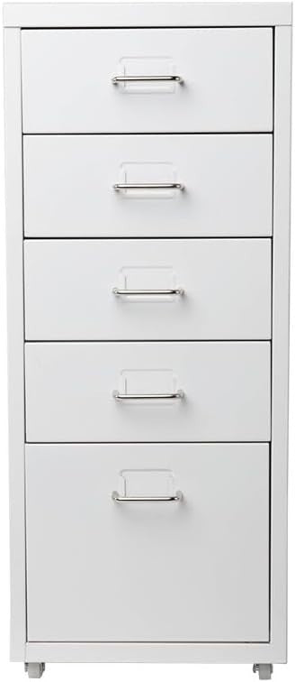 White Metal Filing Cabinet 5 Drawer on Wheels Tall Office Storage
