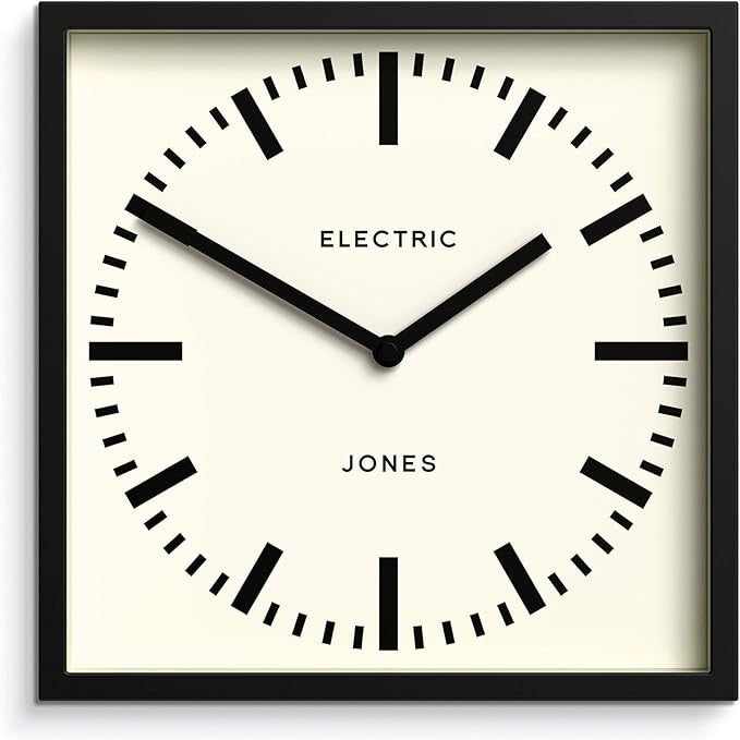 Square 25cm Wall Clock Silent Modern Station Style Black Frame Home Office Decor