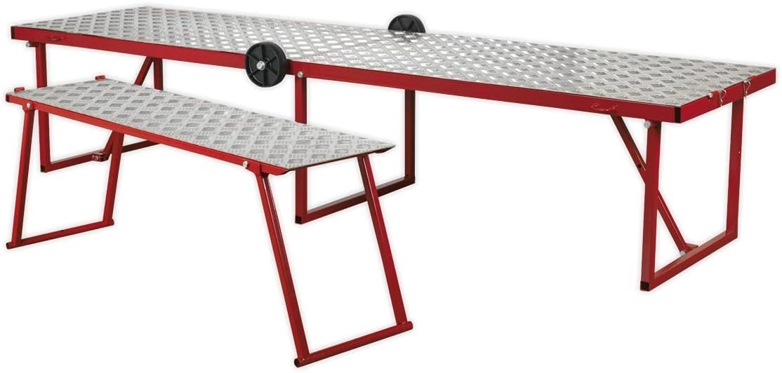 Portable Folding Motorcycle Workbench 360kg Capacity Ramp & Wheels 600x2200mm