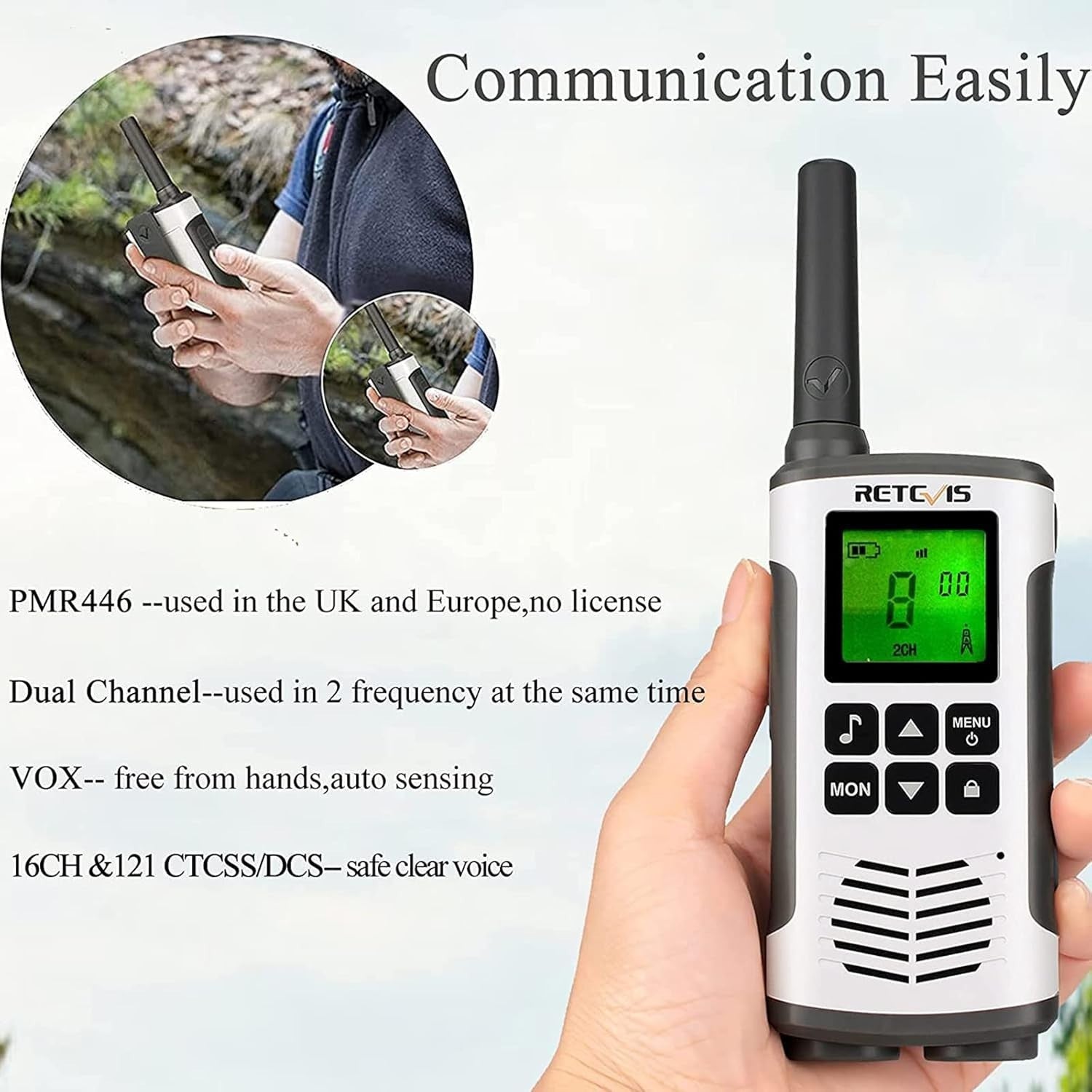Rechargeable Walkie Talkies PMR446 VOX LED Flashlight 2 Pack Silver