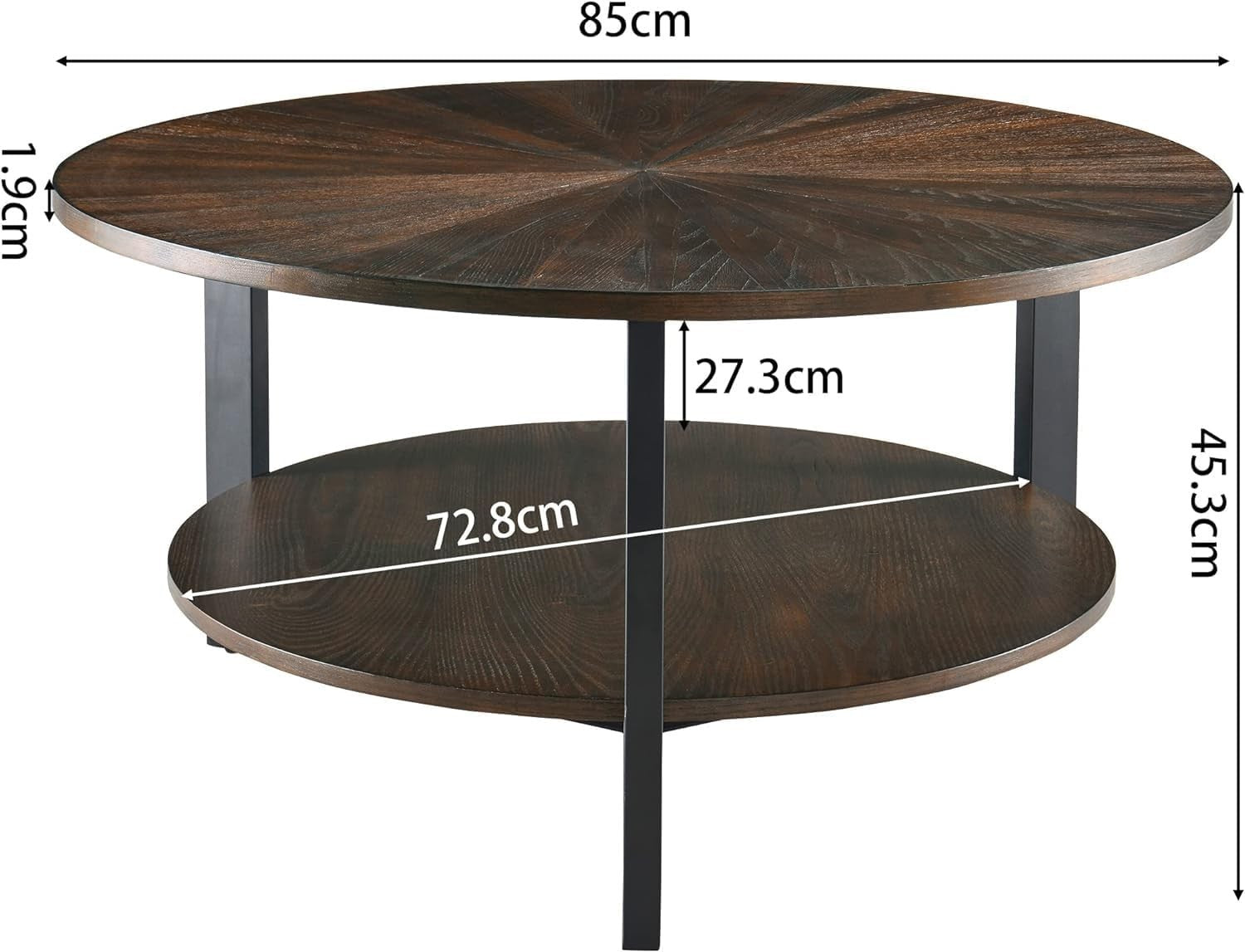 Round Coffee Table with 2-Tier Storage, Solid Wood & Metal Frame 85x45.3cm