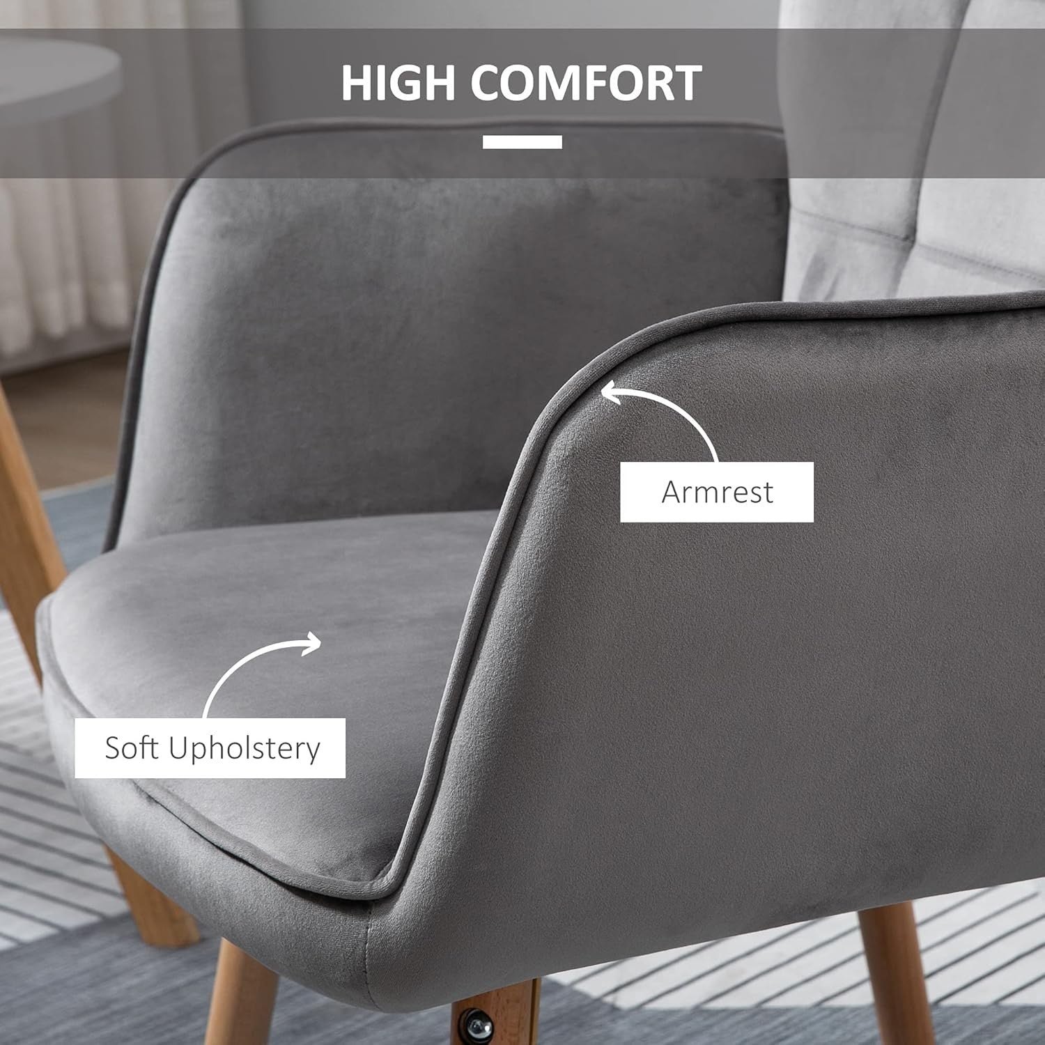 Grey Velvet Wingback Accent Chair Tufted Lounge Armchair Wood Legs