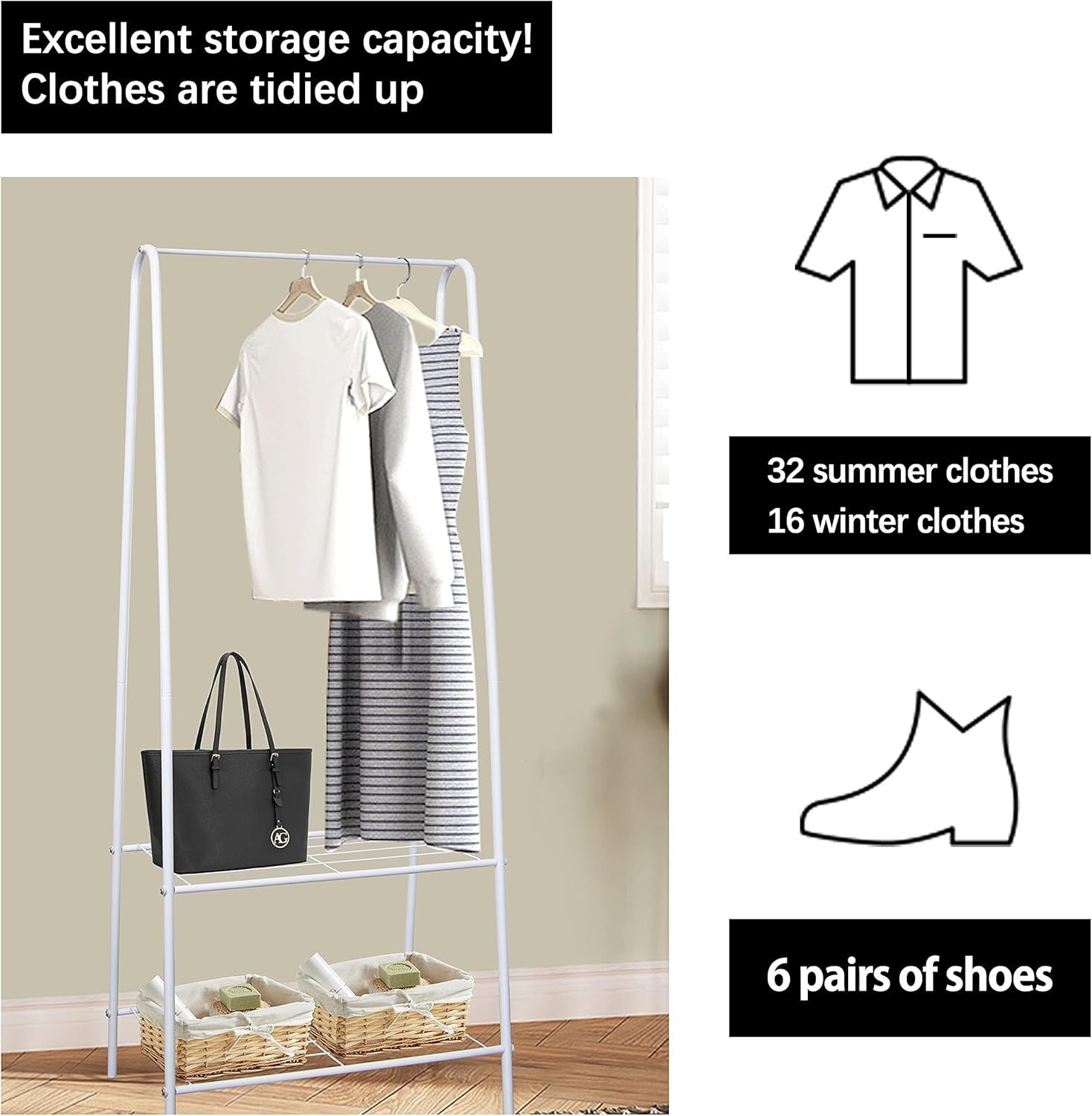 White Clothes Rail Stand with Metal Shelf 1.5m Space Saver