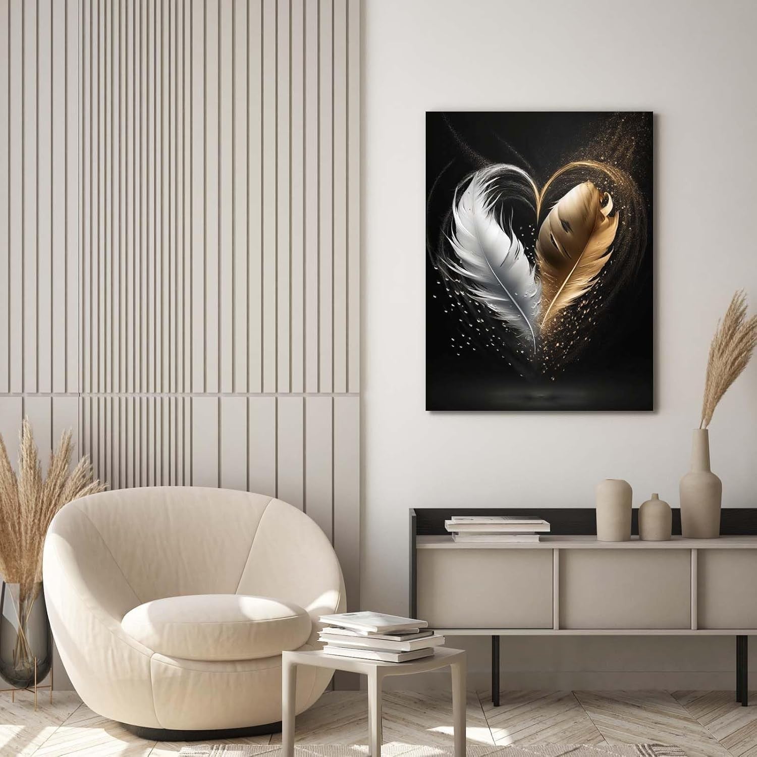 Gold Black Feather Canvas Wall Art Framed Modern Luxury Bedroom Decor
