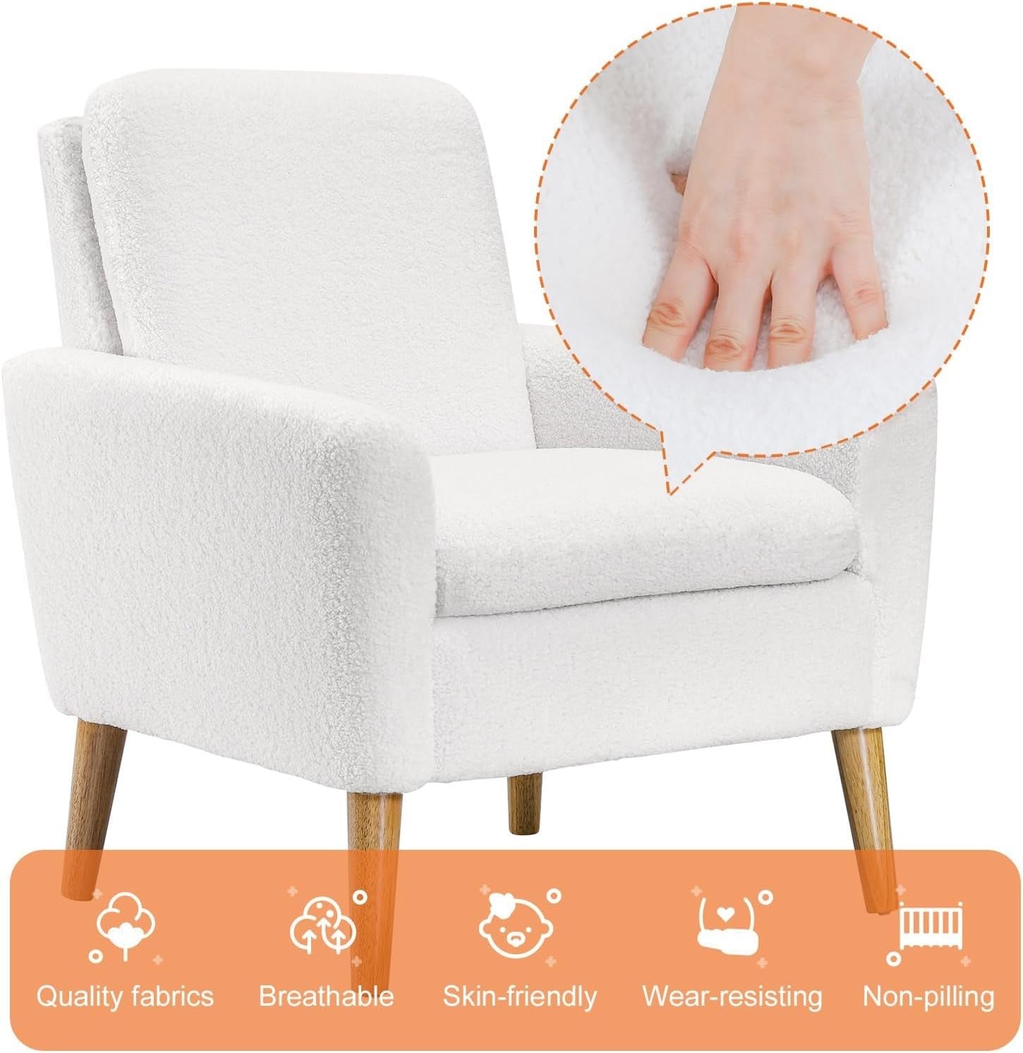 White Lounge Armchair Upholstered with Wood Legs for Living Room Bedroom