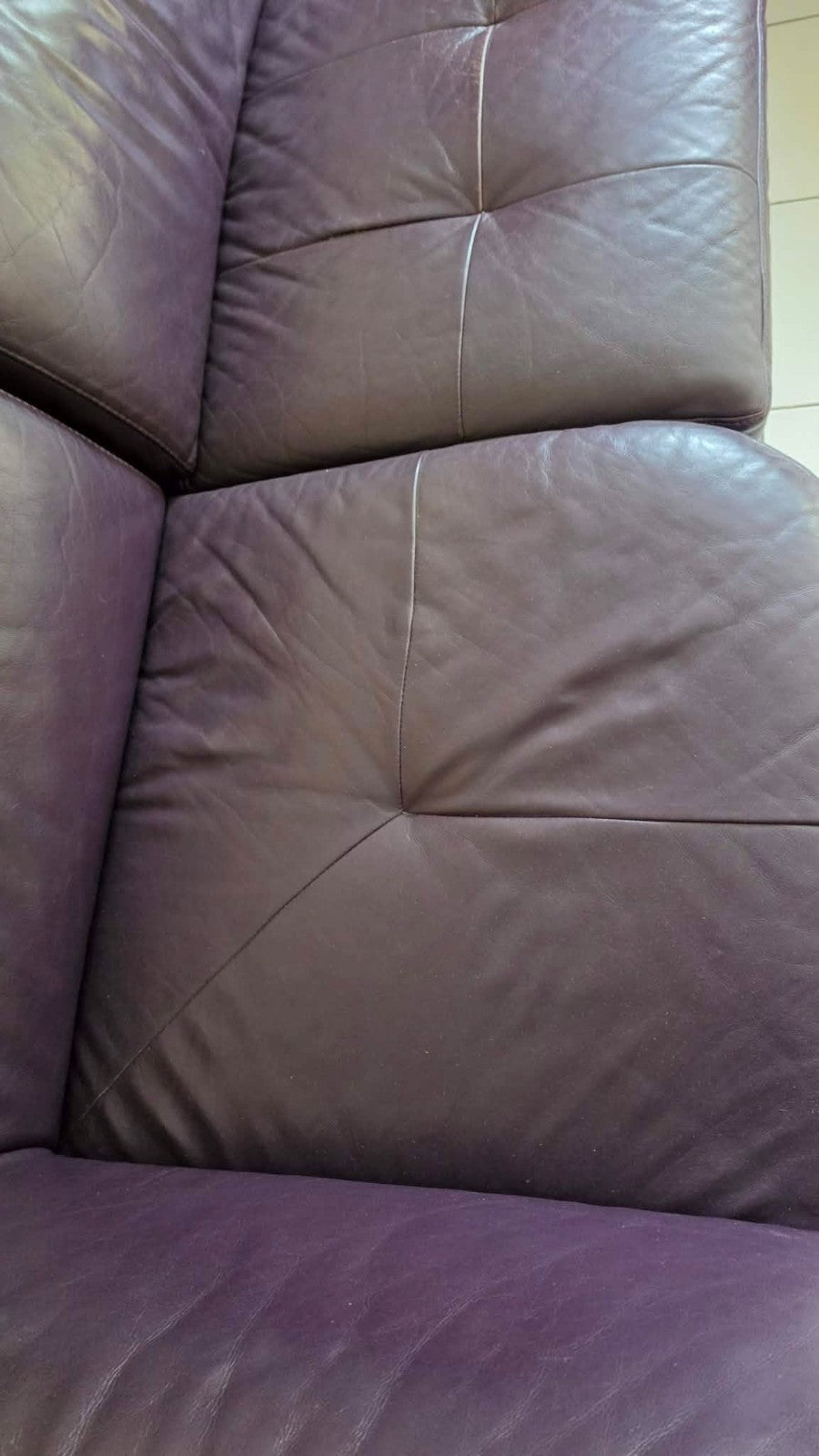 Large Purple Leather Corner Sofa + Footstool (PTP)