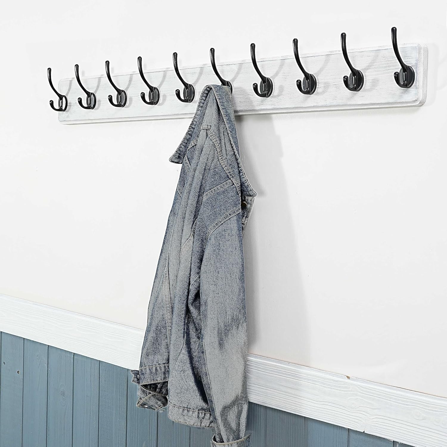Wall Mounted Coat Rack 10 Hooks | 98cm Wooden Hanging Hook Rail Black/White