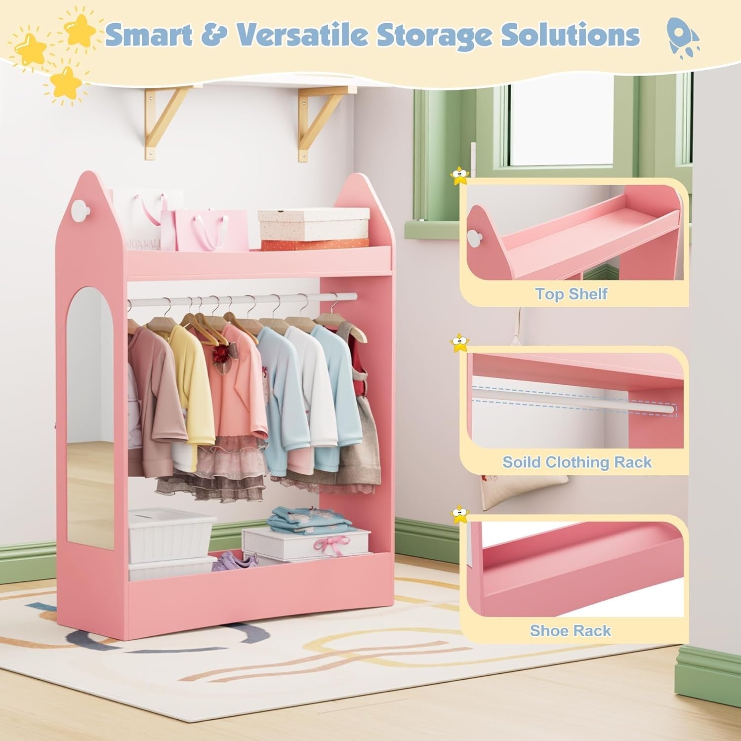Kids Wardrobe with Mirror & Hanging Rail, Open Storage, Pink Rocket Design