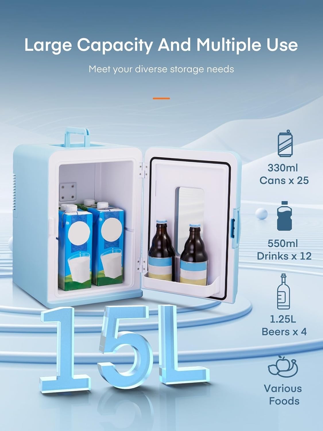 15L Mini Fridge Portable Cooler & Warmer Blue 12V/240V Compact