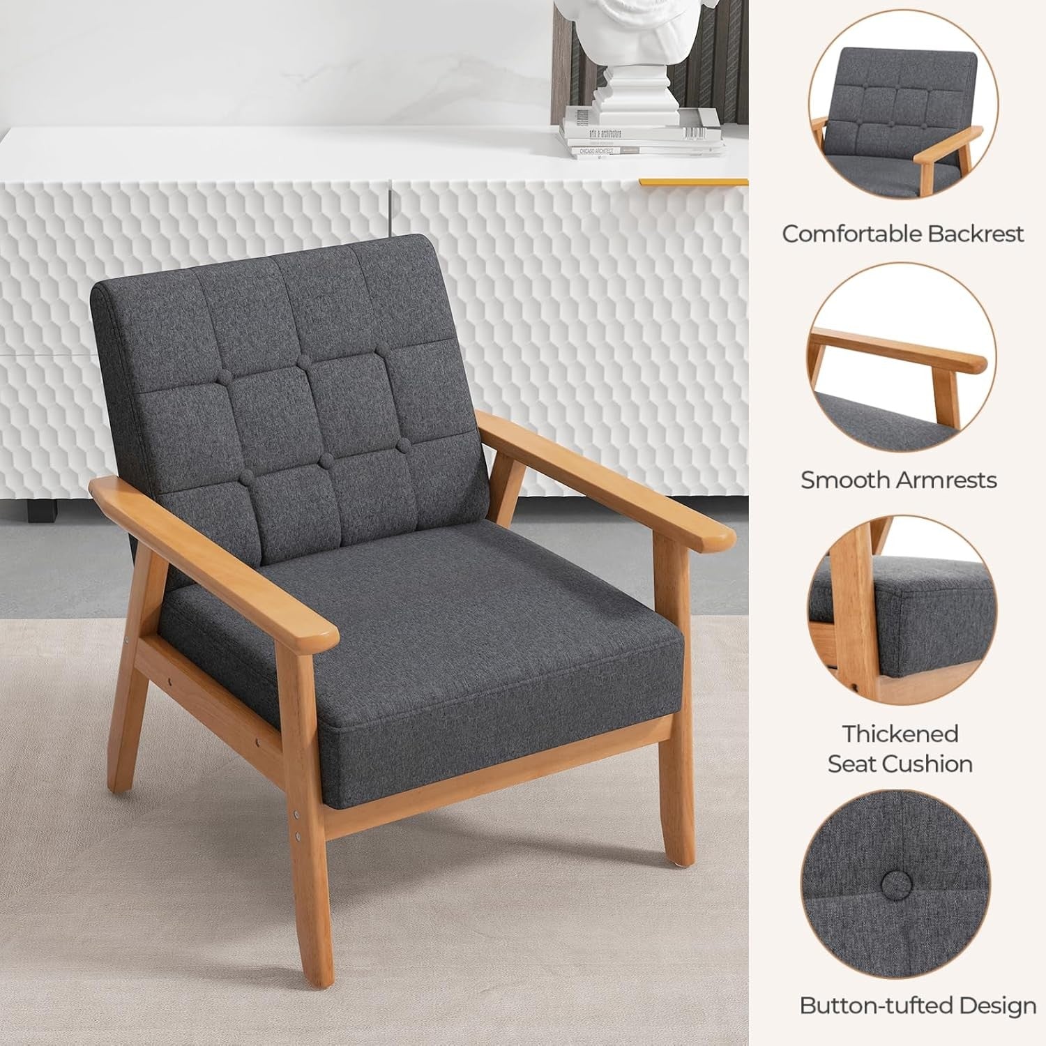 Button Tufted Accent Armchair Linen Lounge Chair Wood Frame