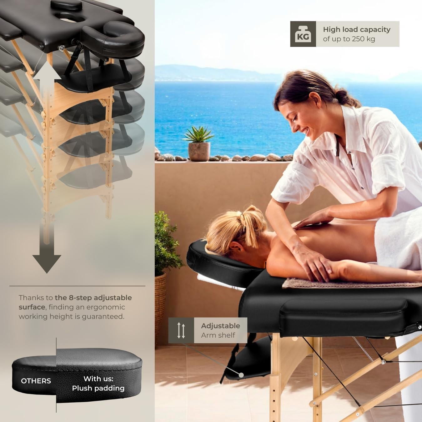 Portable Massage Table Foldable Adjustable Beauty Therapy Bed PVC Cover Black