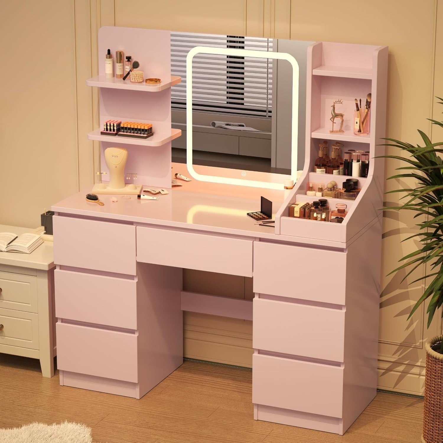 Foldable Small Vanity Desk w/Lighted Mirror Stool 2 Drawers Compact Makeup Table