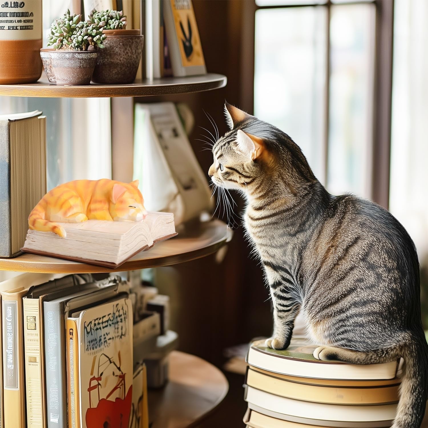Sleeping Cat Ornament on Book with Bookmark Gift | Cute Cat Figurine Home Decor