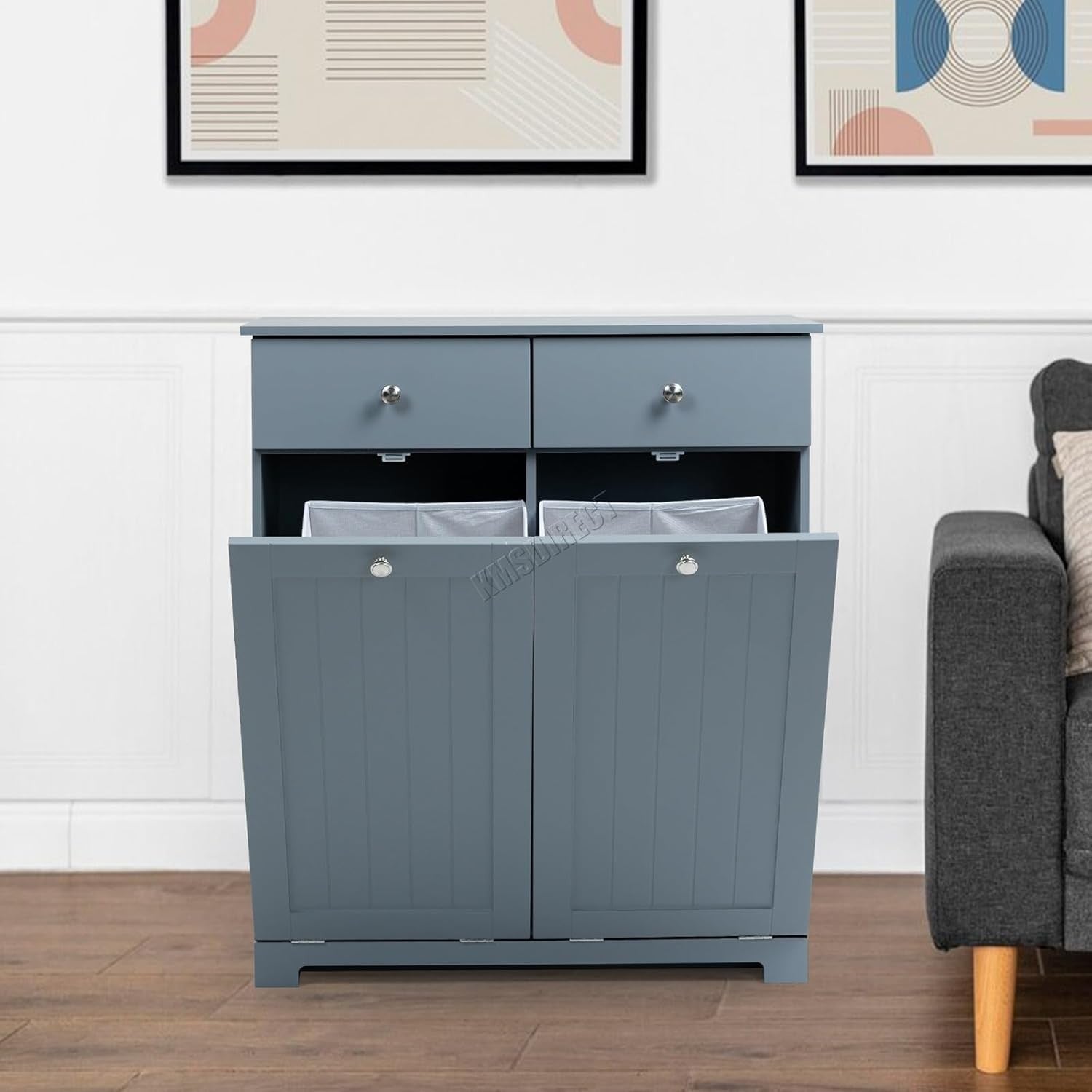 Tilt-Out Laundry Cabinet with 2 Baskets Modern Storage Unit Grey Drawers