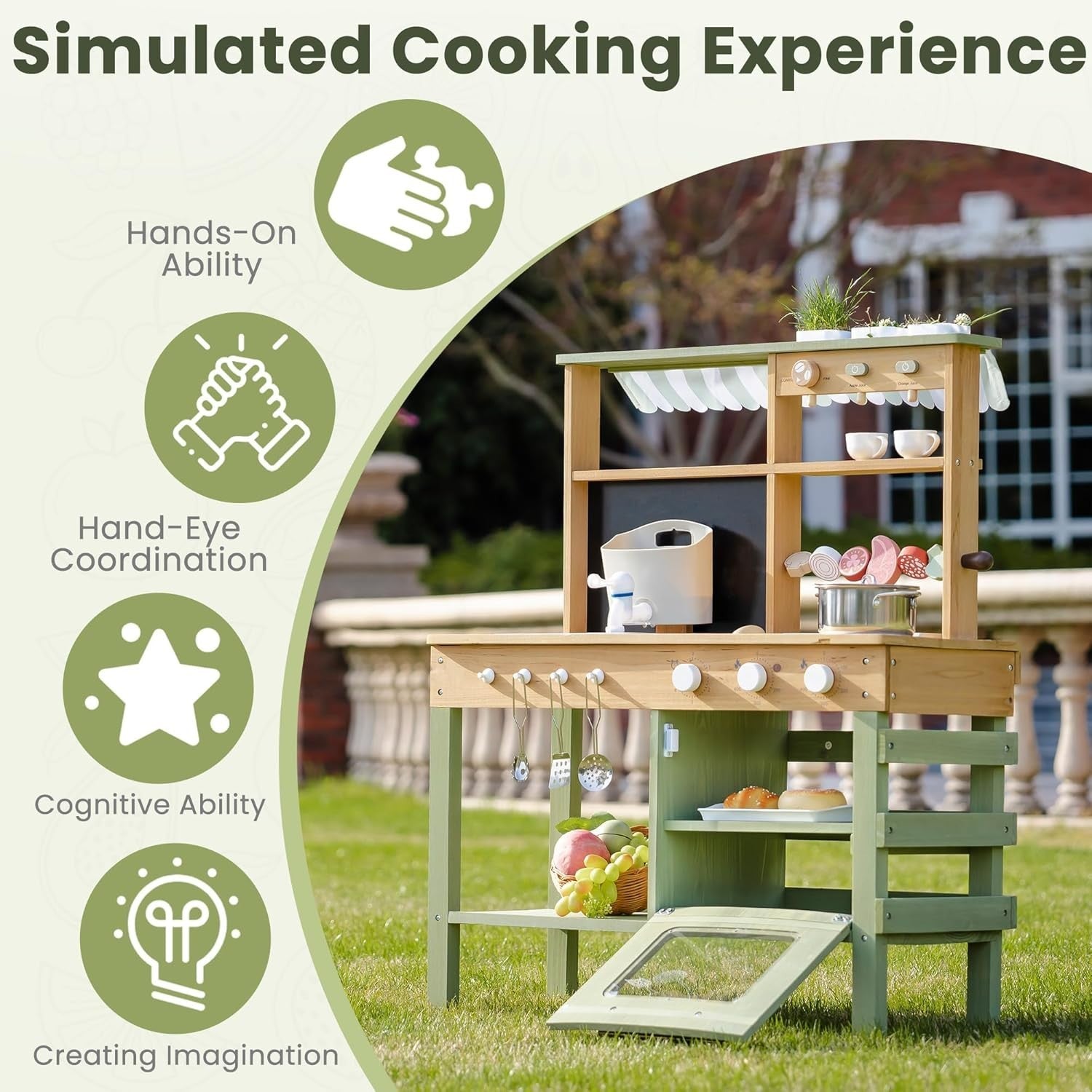 Wooden Mud Kitchen for Kids Outdoor Playset w/ Sink Blackboard