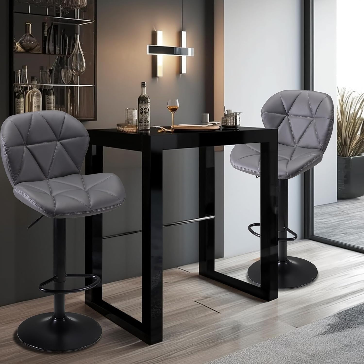 Dark Grey Faux Leather Bar Stools Set of 2 – Adjustable Swivel Kitchen Chairs