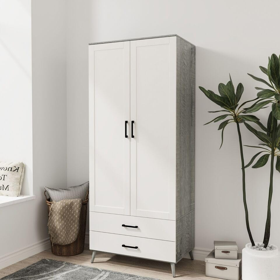 White 2 Door Wardrobe with Drawers & Rail – Slim Modern Bedroom Storage