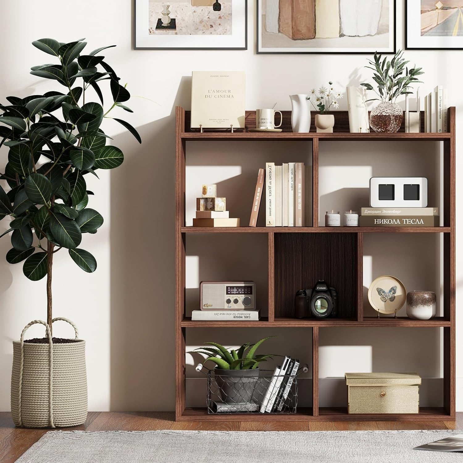 Walnut 7-Cube Bookcase Freestanding Storage Display Shelf with Anti-Topple Kit