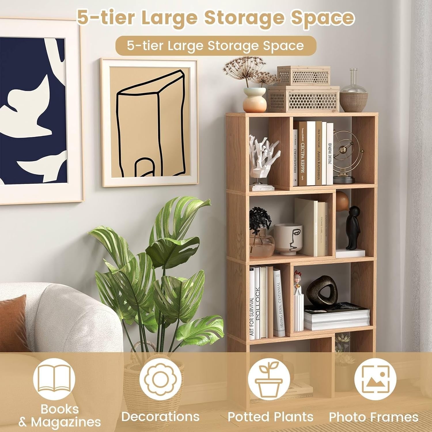 5-Tier White Geometric Bookcase Tall 8-Cube Storage Shelf for Home Office