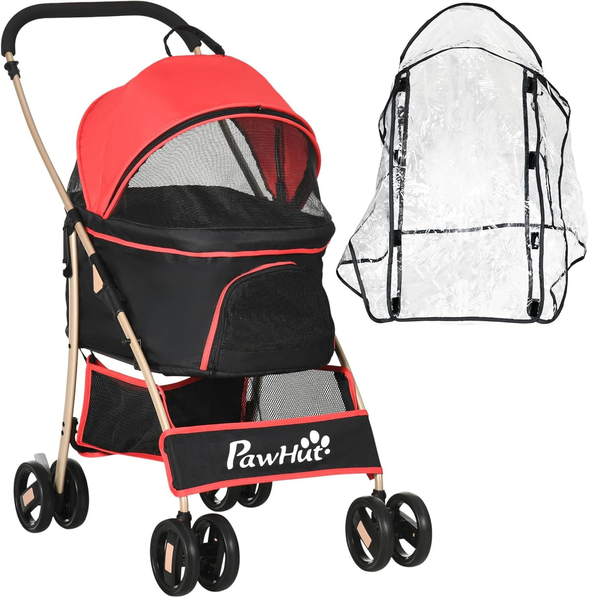 Pet Stroller 3-in-1 Foldable Dog Pushchair Rain Cover Red Small Dogs
