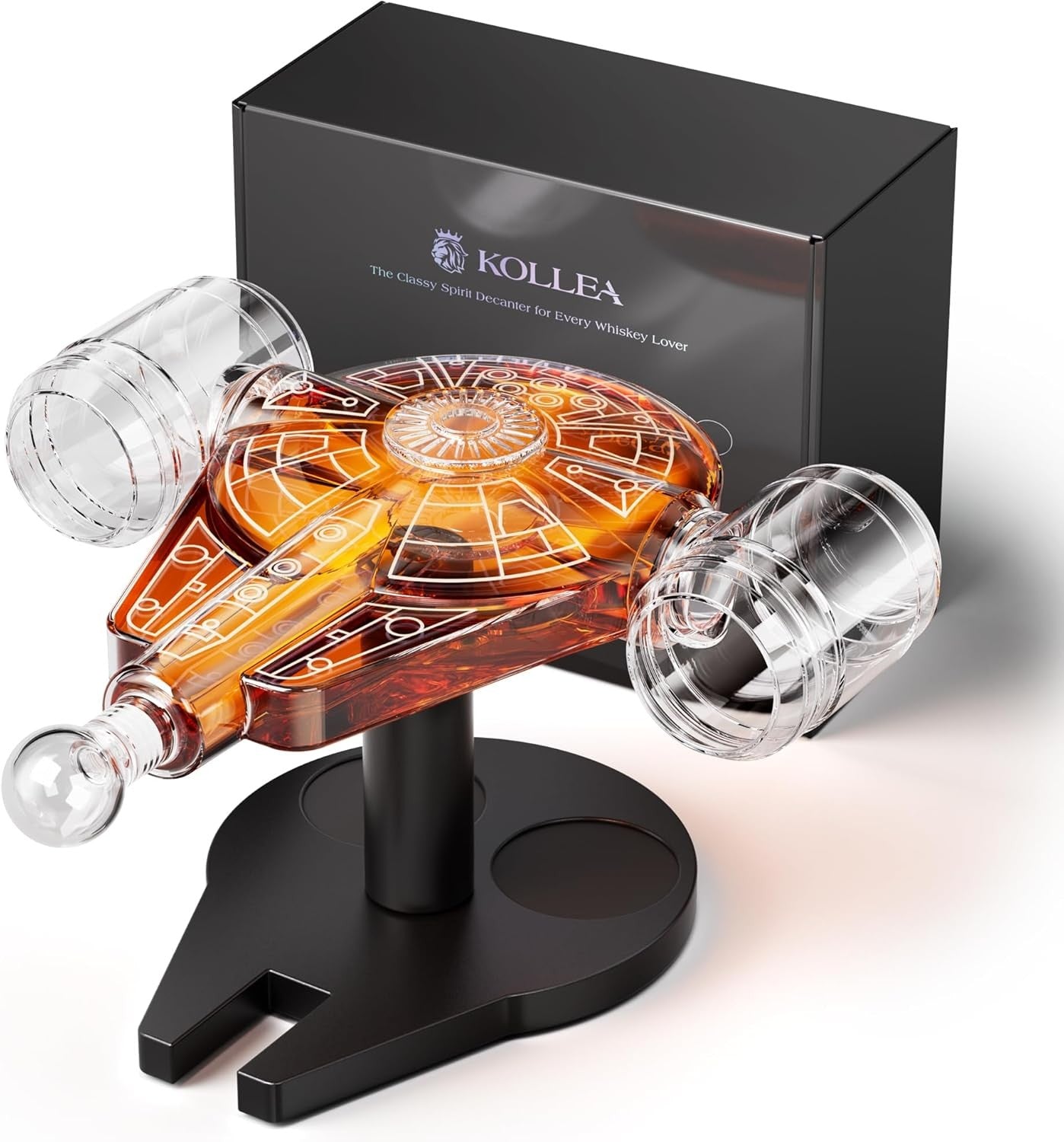 Spaceship Whiskey Decanter Set 840ml with Stand & 2 Shot Glasses Unique Gift