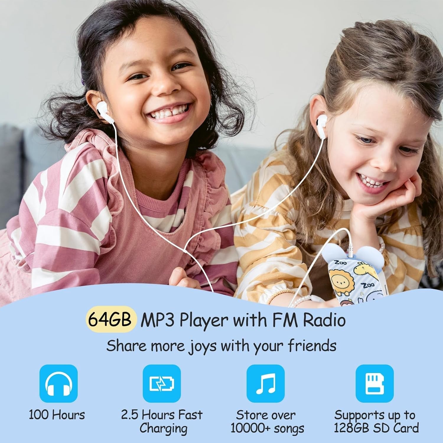 Kids MP3 Player 64GB Bluetooth 5.3 FM Speaker Alarm