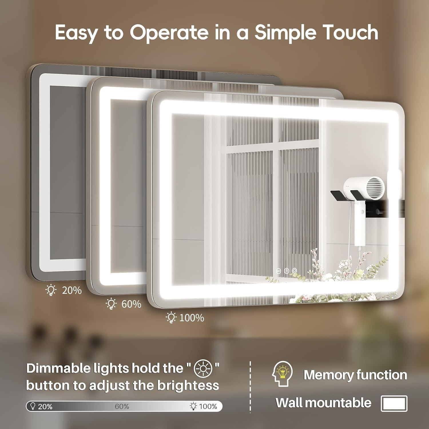 LED Vanity Mirror 80x55cm | Wall/Tabletop, 3-Color Light, 5X Magnifier, Touch