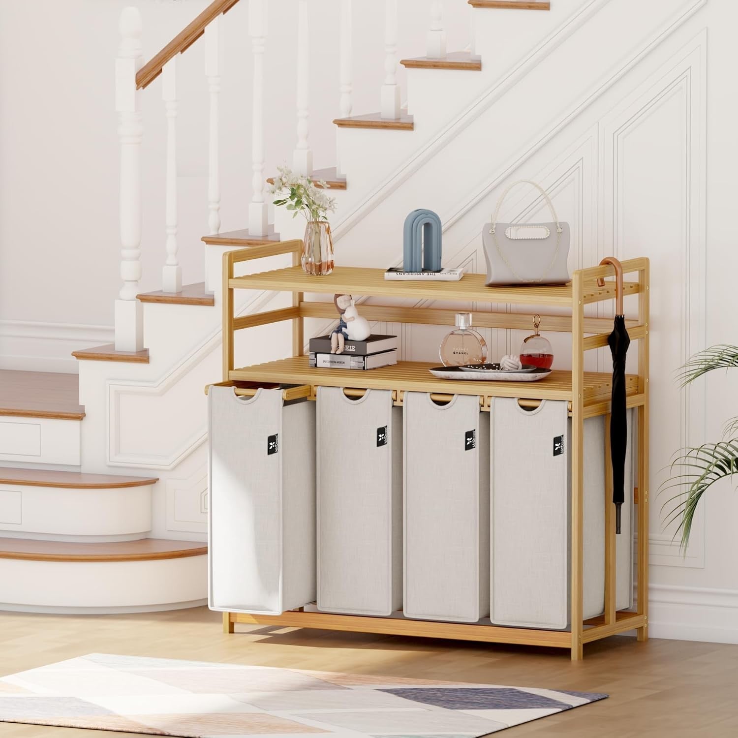200L 4-Section Laundry Sorter Bamboo Frame With Shelf Removable Bags Grey